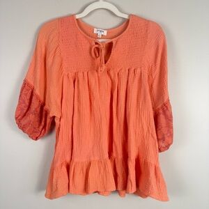 Umgee Shirt Womens Large Orange Floral Layered Keyhole Short Sleeve Hippie Boho